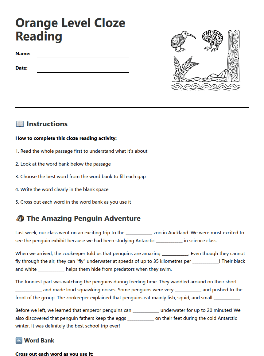Orange Level Cloze Reading worksheet preview