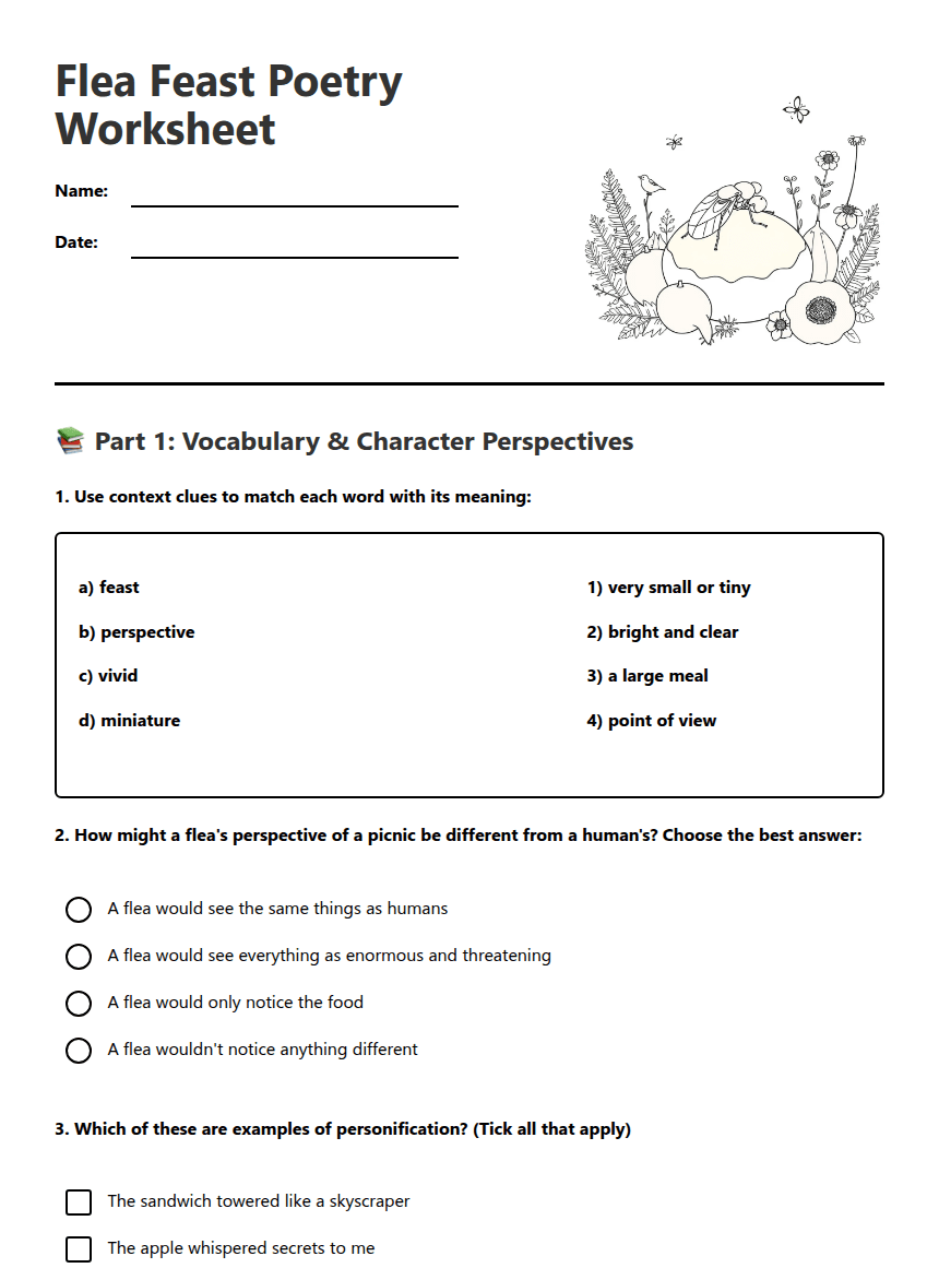 Flea Feast Poetry Worksheet worksheet preview