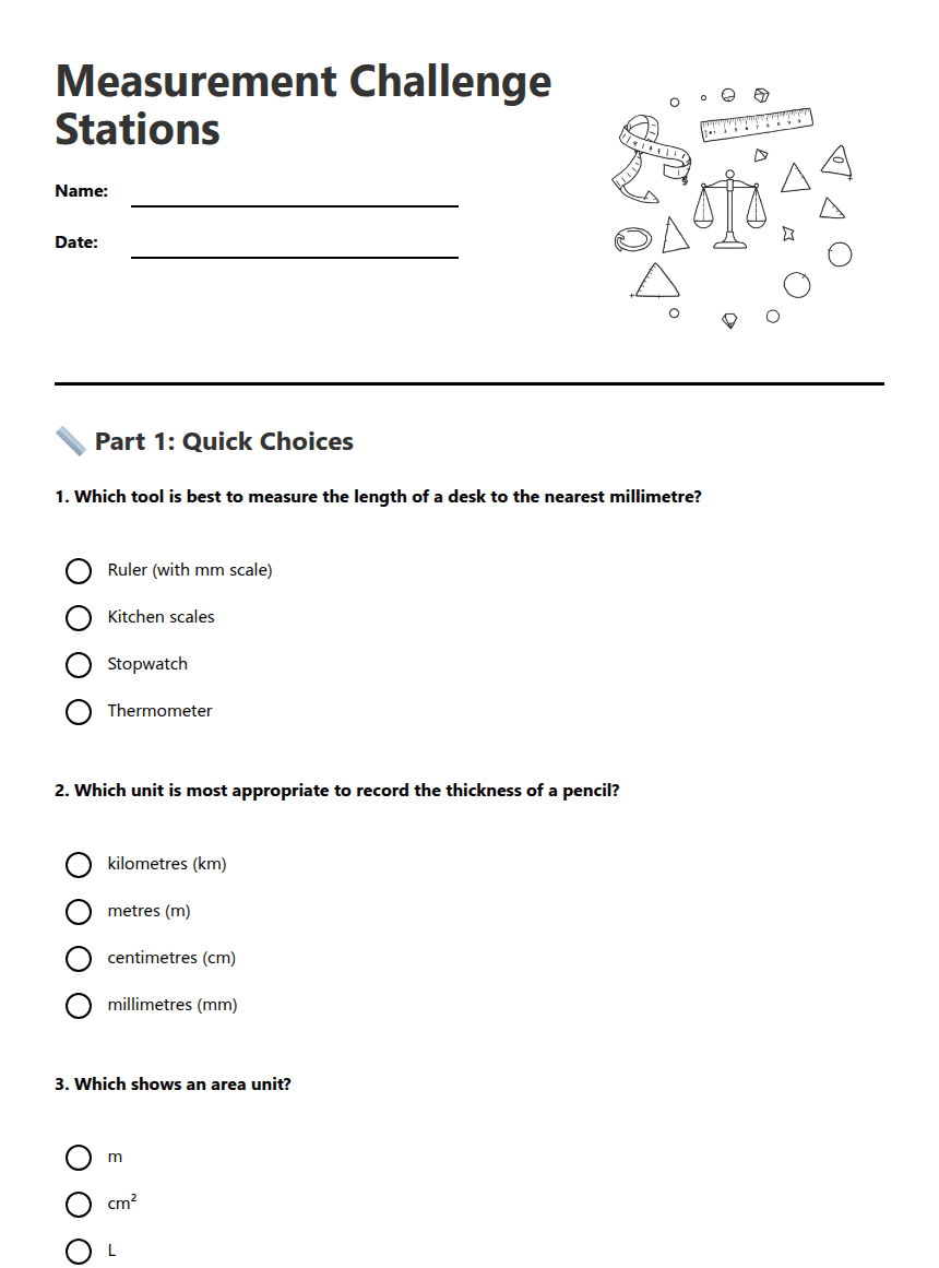 Measurement Challenge Stations worksheet preview