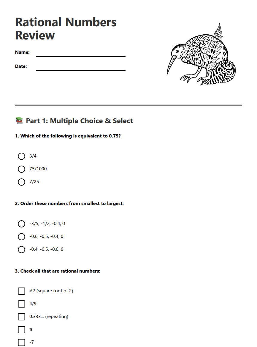 Rational Numbers Review worksheet preview