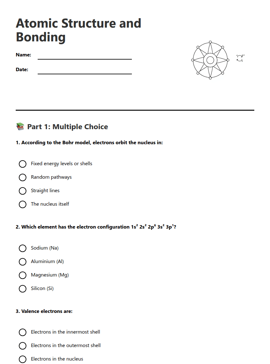 Atomic Structure and Bonding worksheet preview
