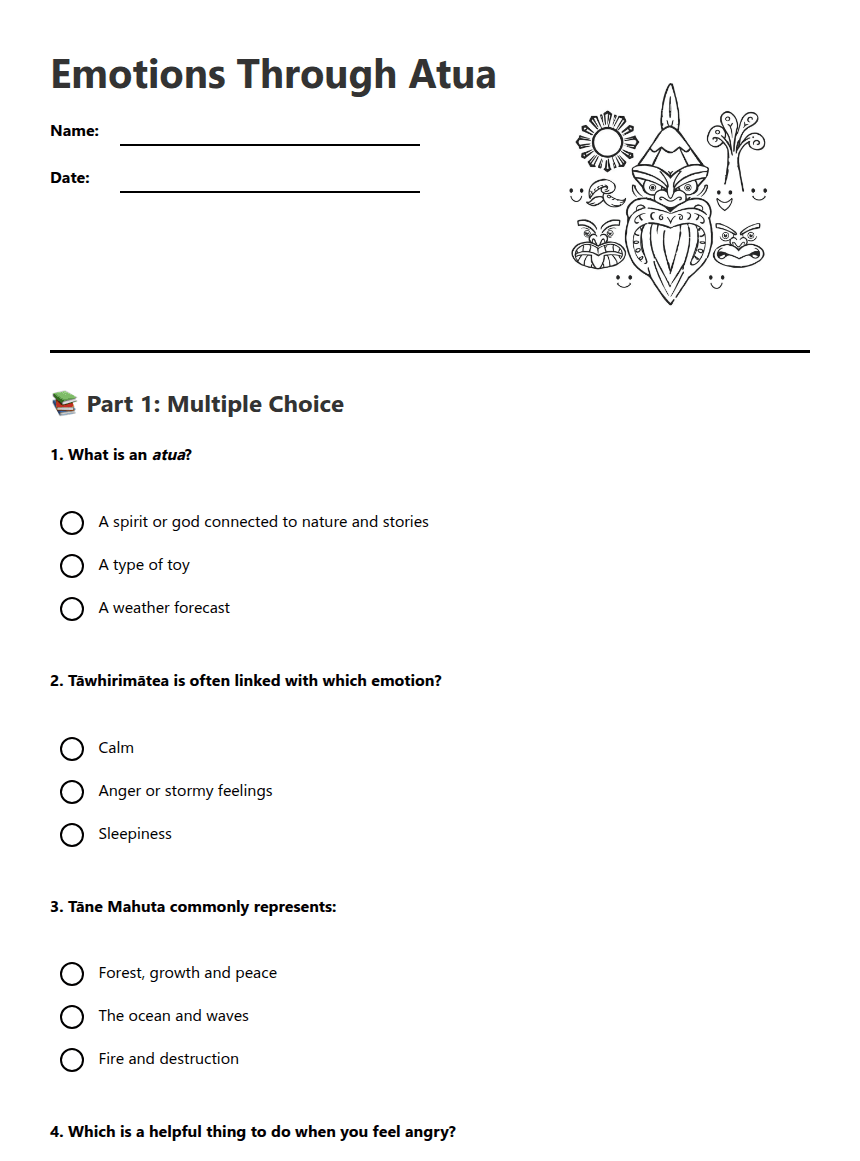 Emotions Through Atua worksheet preview