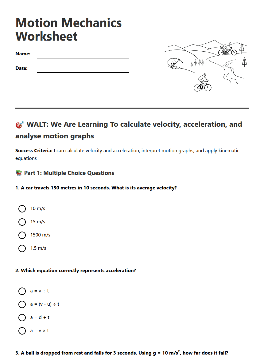 Motion Mechanics Worksheet worksheet preview