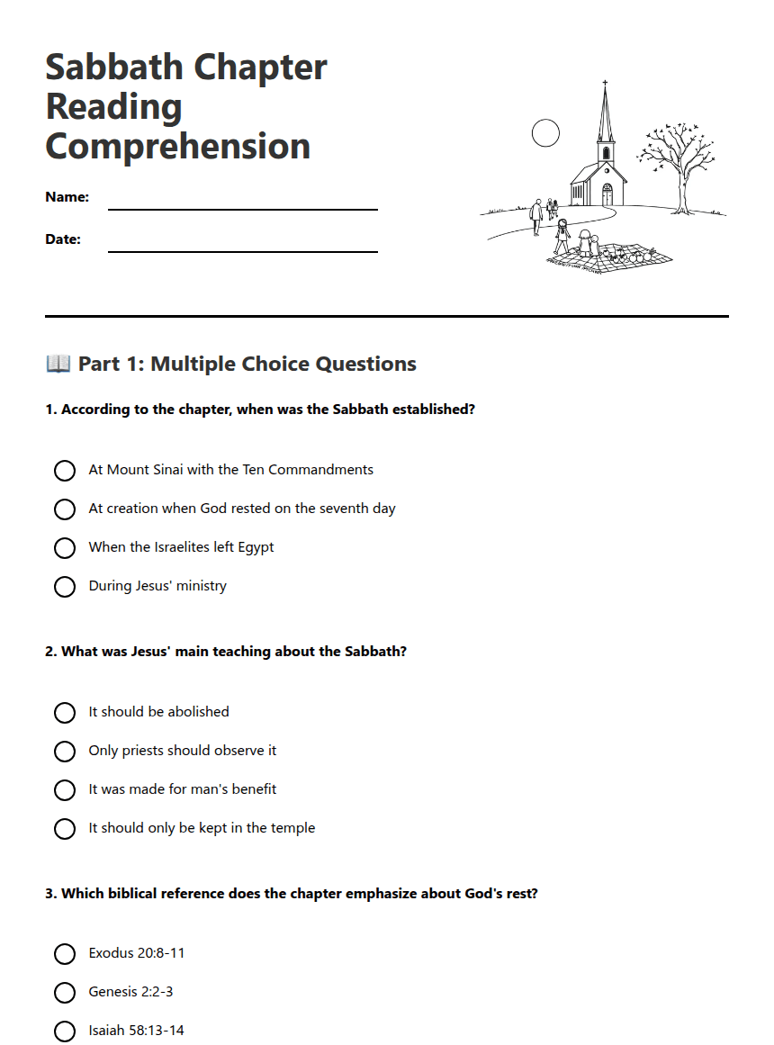 Sabbath Chapter Reading Comprehension worksheet preview