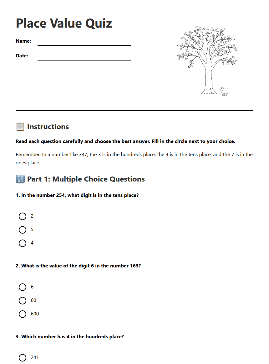 Place Value Quiz worksheet preview
