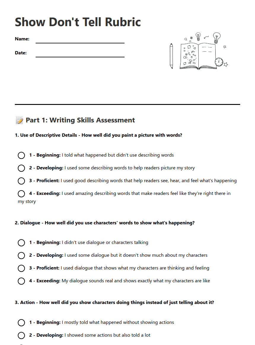 Show Don't Tell Rubric worksheet preview