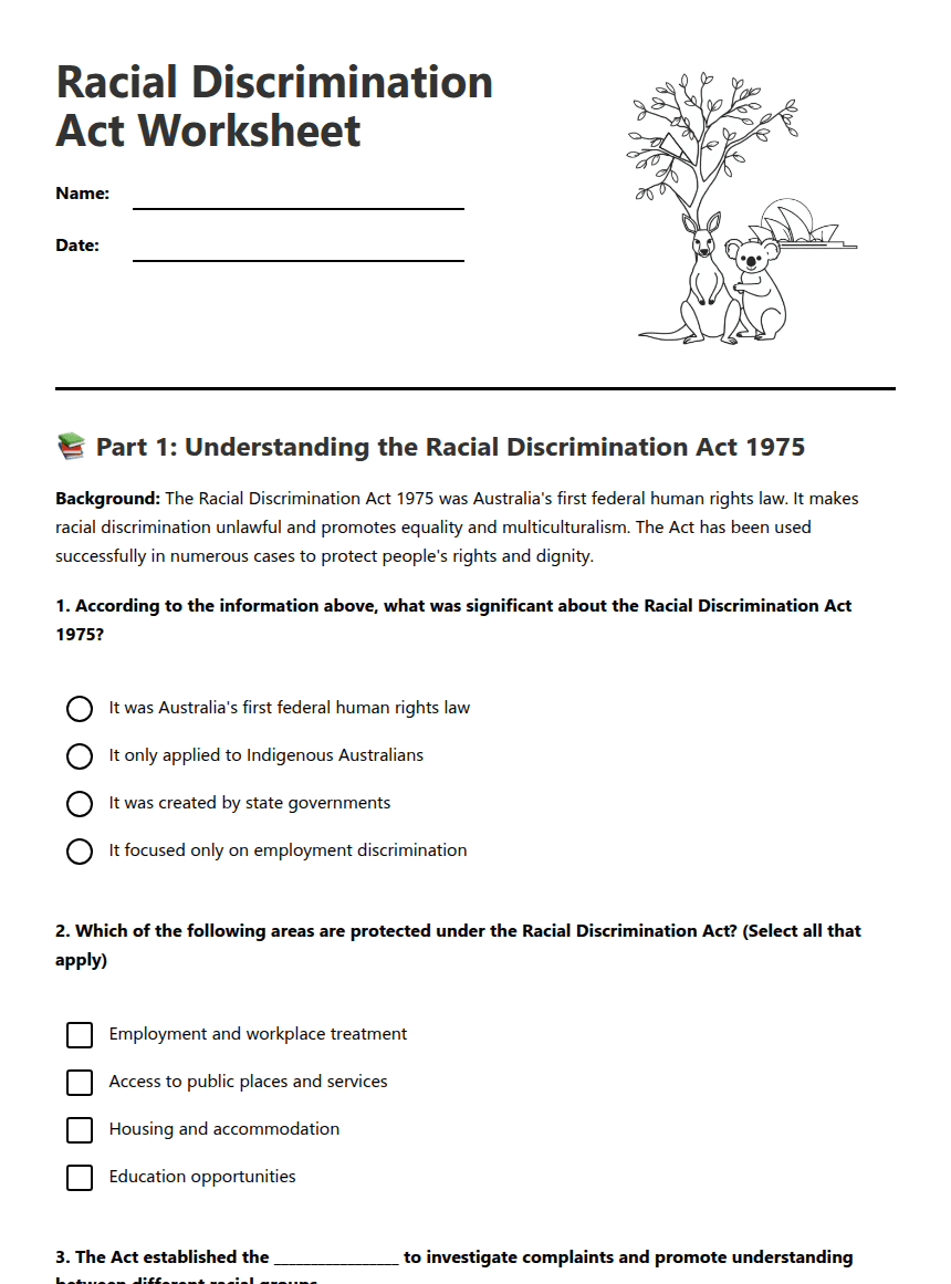 Racial Discrimination Act Worksheet worksheet preview
