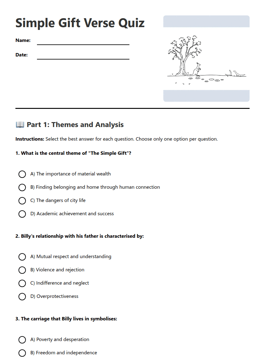 Simple Gift Verse Quiz worksheet preview