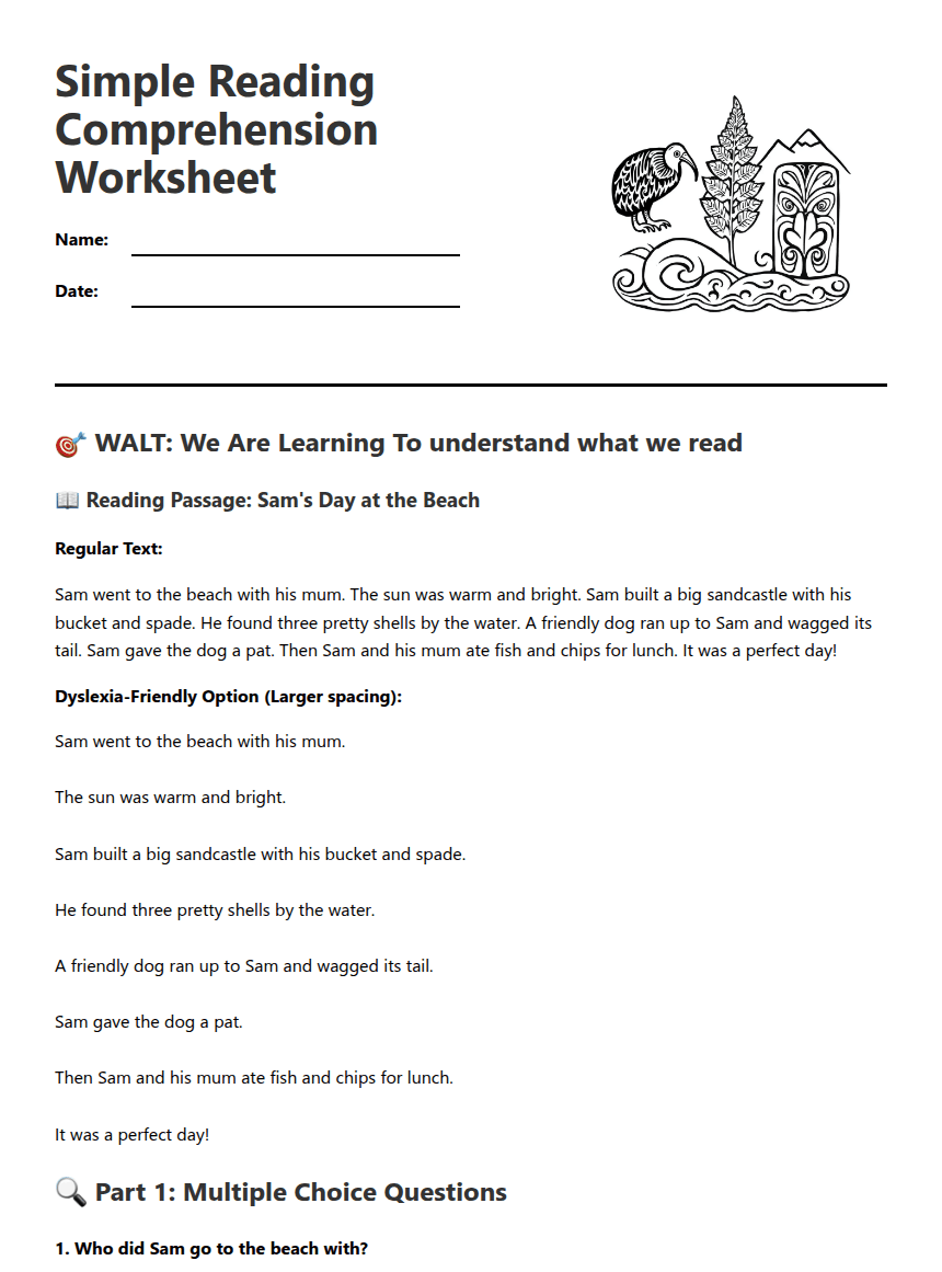 Simple Reading Comprehension Worksheet worksheet preview
