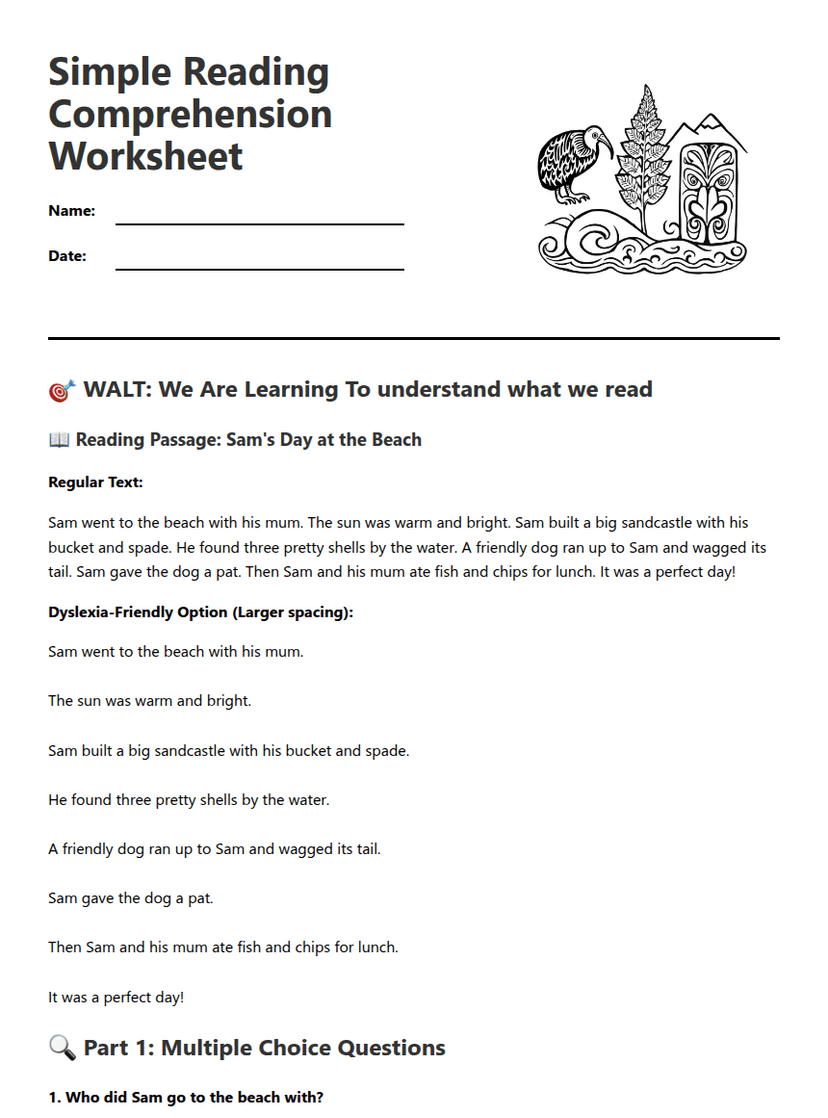 Simple Reading Comprehension Worksheet