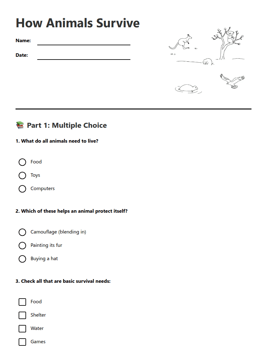 How Animals Survive worksheet preview