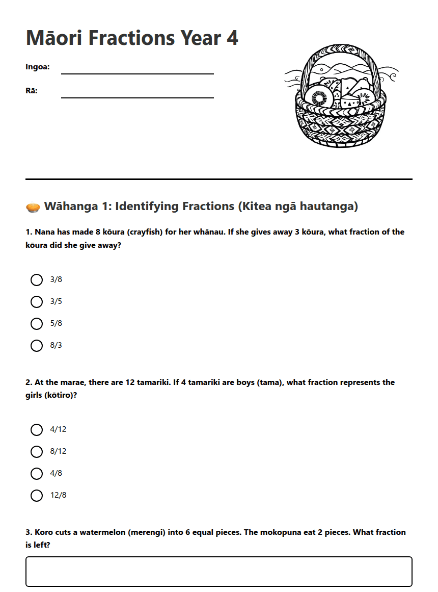Māori Fractions Year 4 worksheet preview