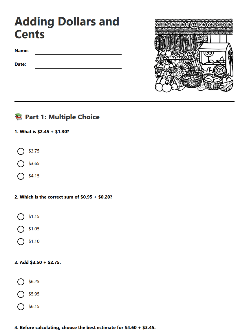Adding Dollars and Cents worksheet preview