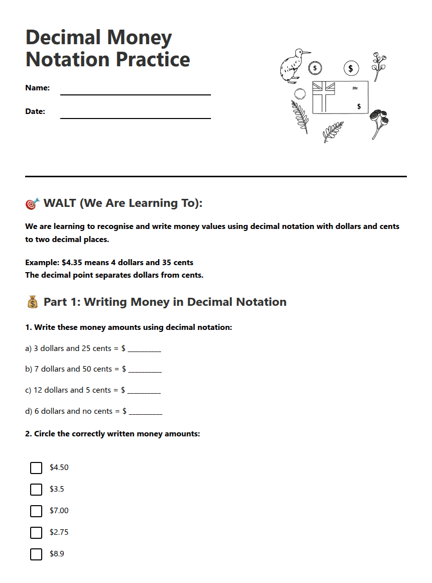 Decimal Money Notation Practice worksheet preview