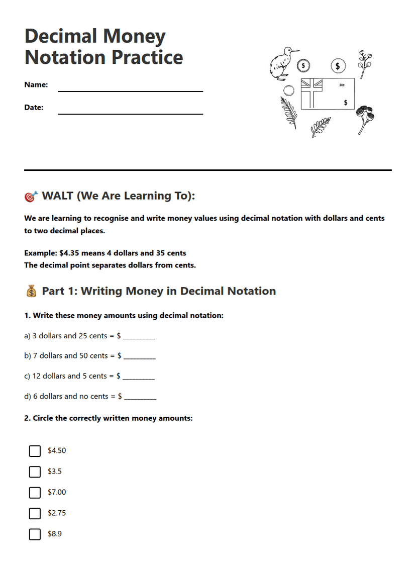 Decimal Money Notation Practice