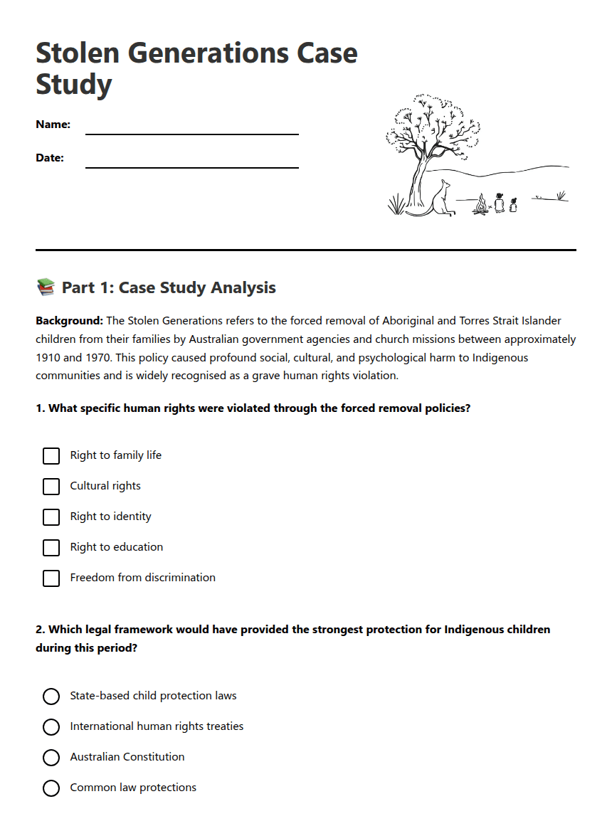Stolen Generations Case Study worksheet preview