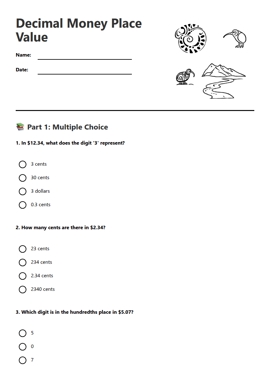 Decimal Money Place Value worksheet preview