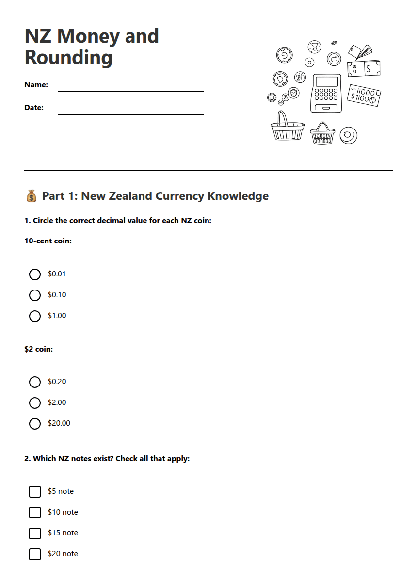 NZ Money and Rounding worksheet preview