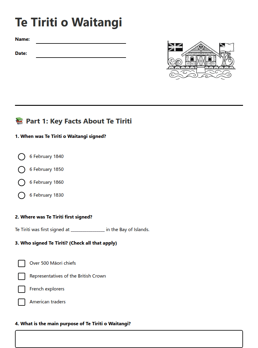 Te Tiriti o Waitangi worksheet preview