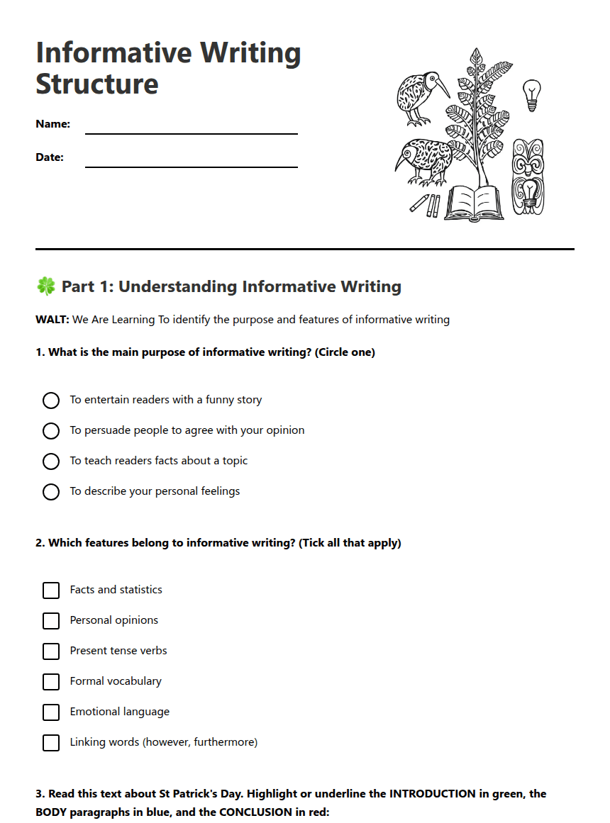 Informative Writing Structure worksheet preview