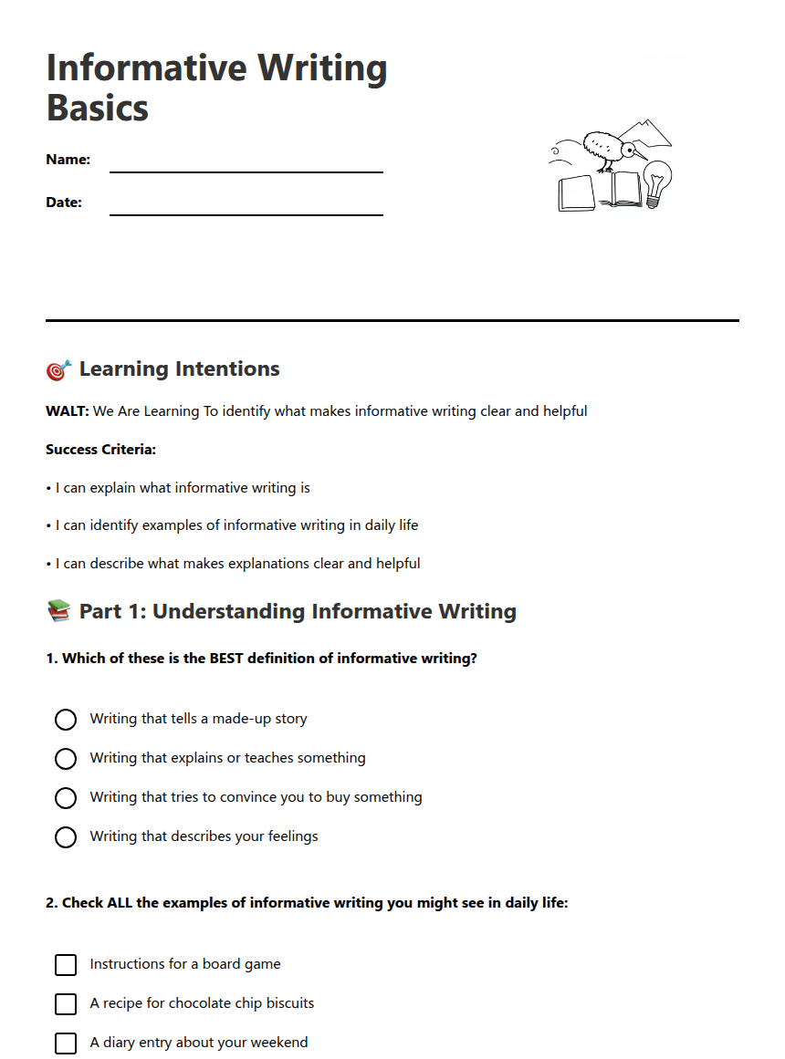 Informative Writing Basics worksheet preview