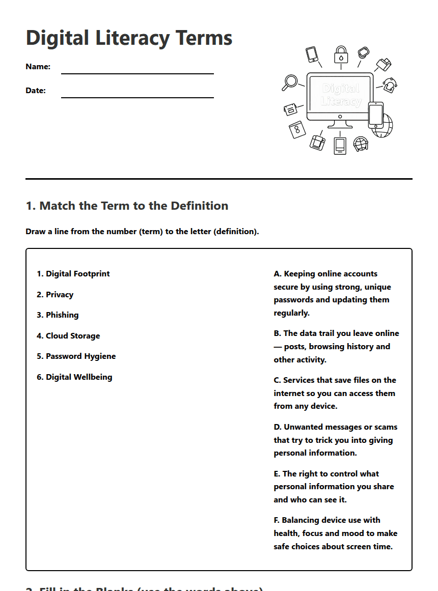 Digital Literacy Terms worksheet preview