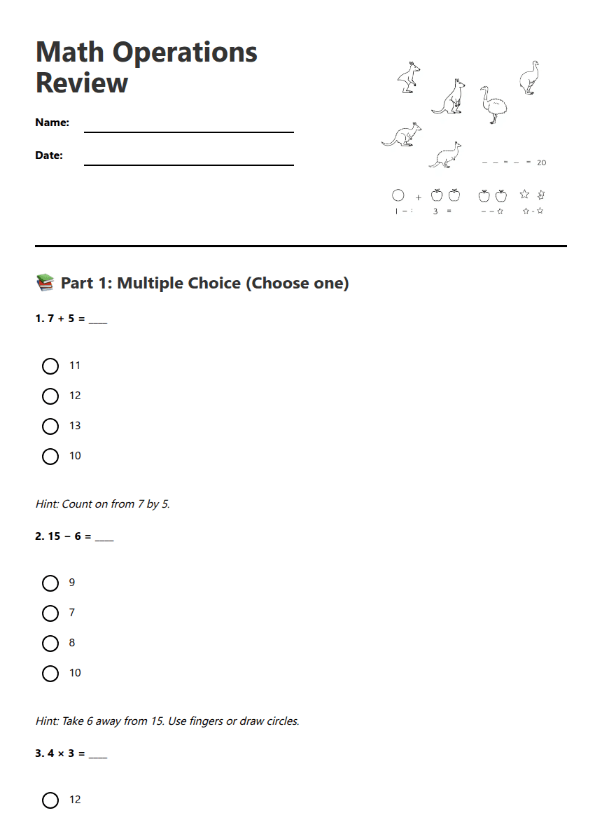 Math Operations Review worksheet preview