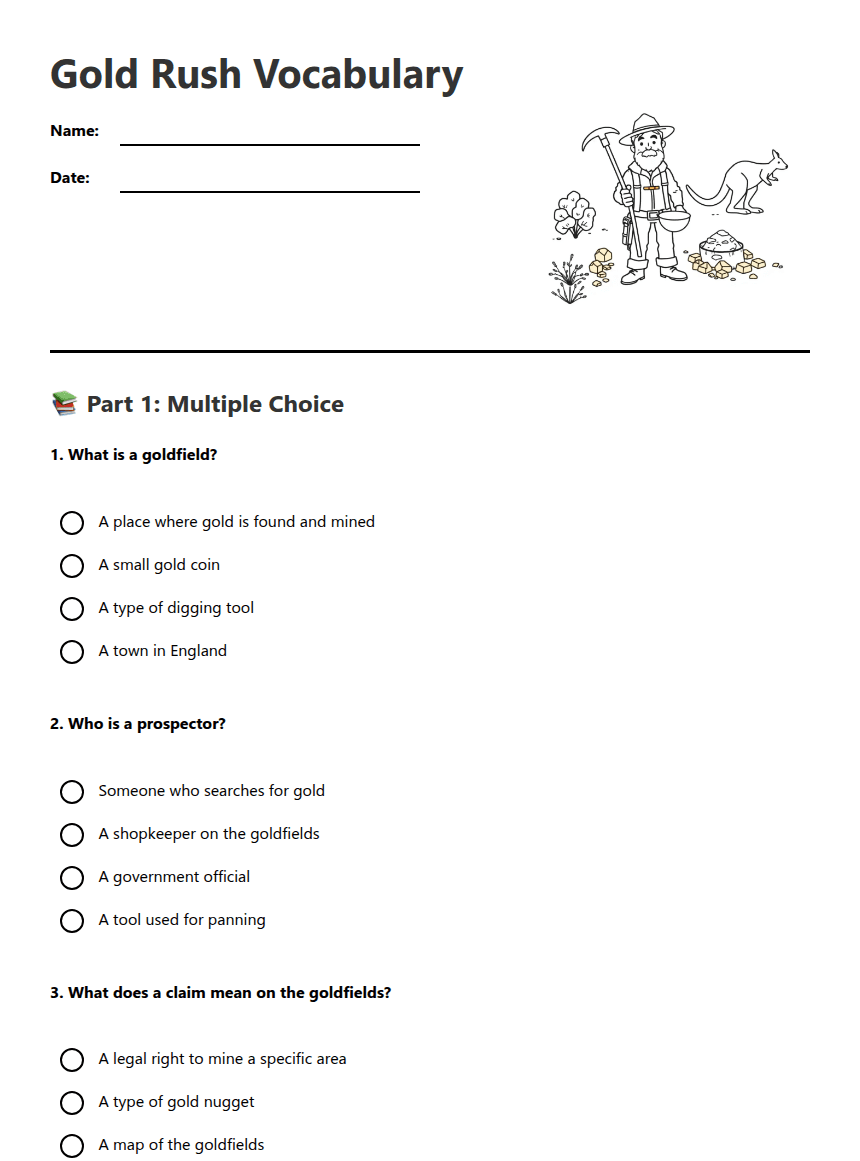 Gold Rush Vocabulary worksheet preview