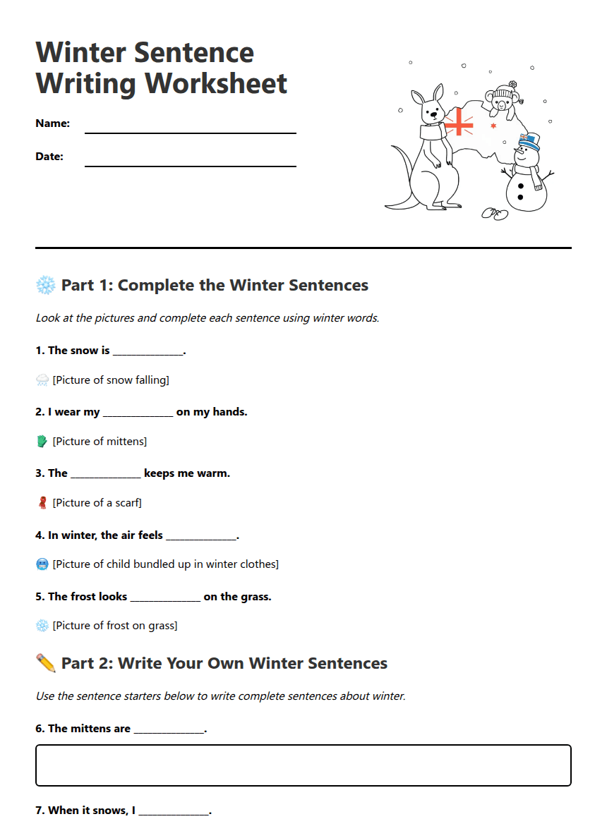 Winter Sentence Writing Worksheet worksheet preview
