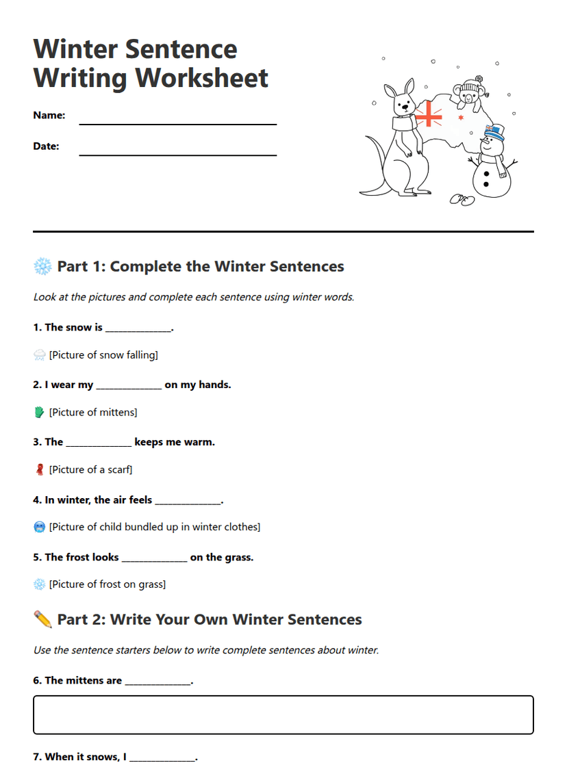 Winter Sentence Writing Worksheet