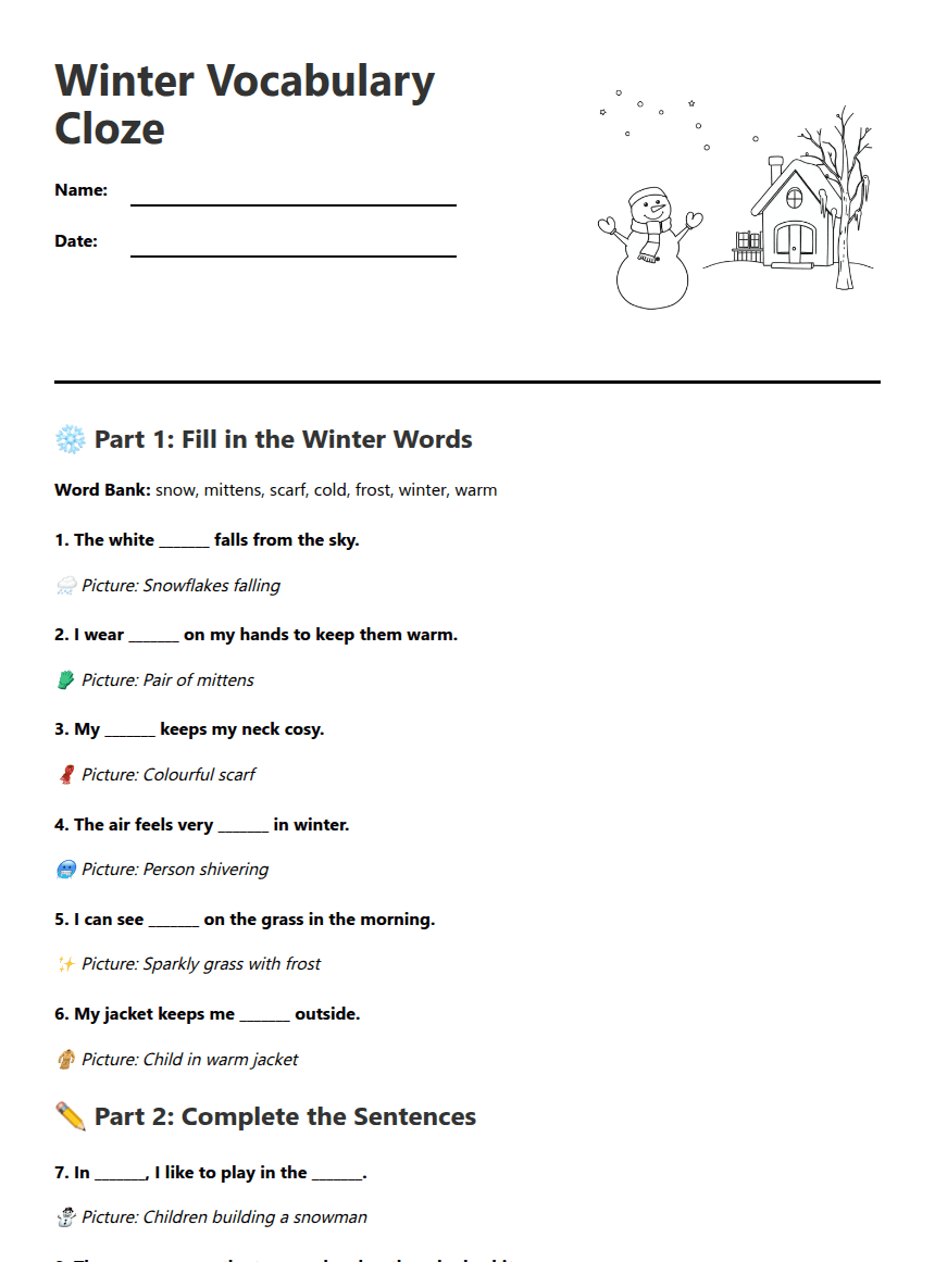 Winter Vocabulary Cloze worksheet preview