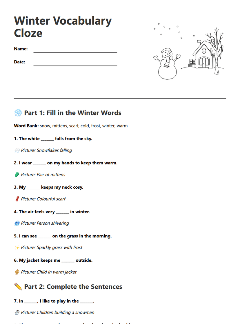 Winter Vocabulary Cloze