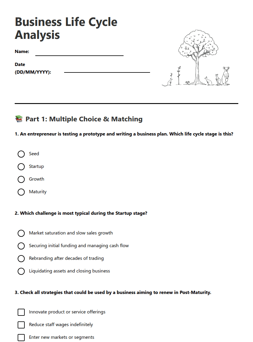 Business Life Cycle Analysis worksheet preview