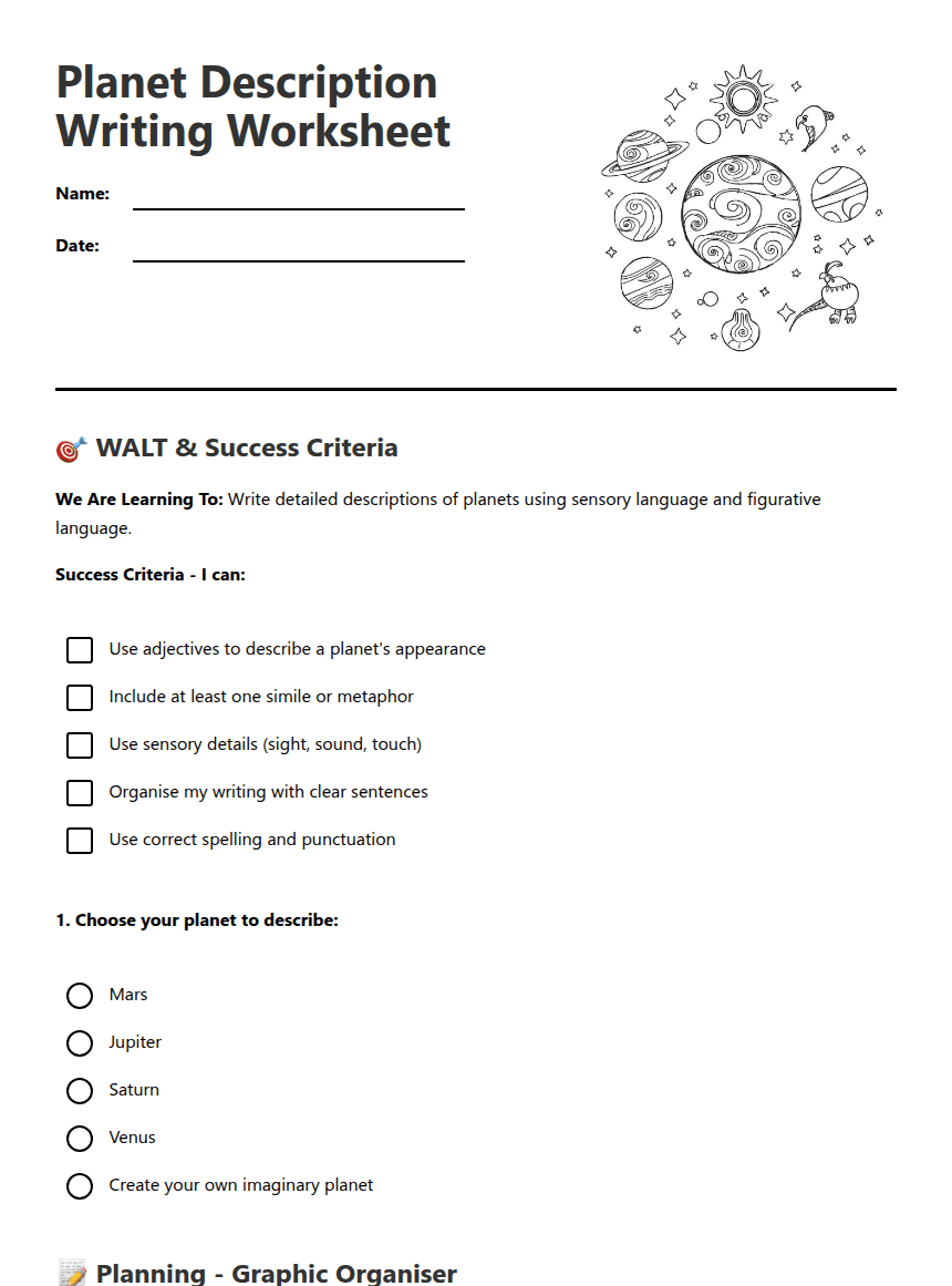 Planet Description Writing Worksheet worksheet preview