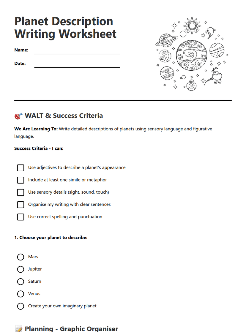 Planet Description Writing Worksheet