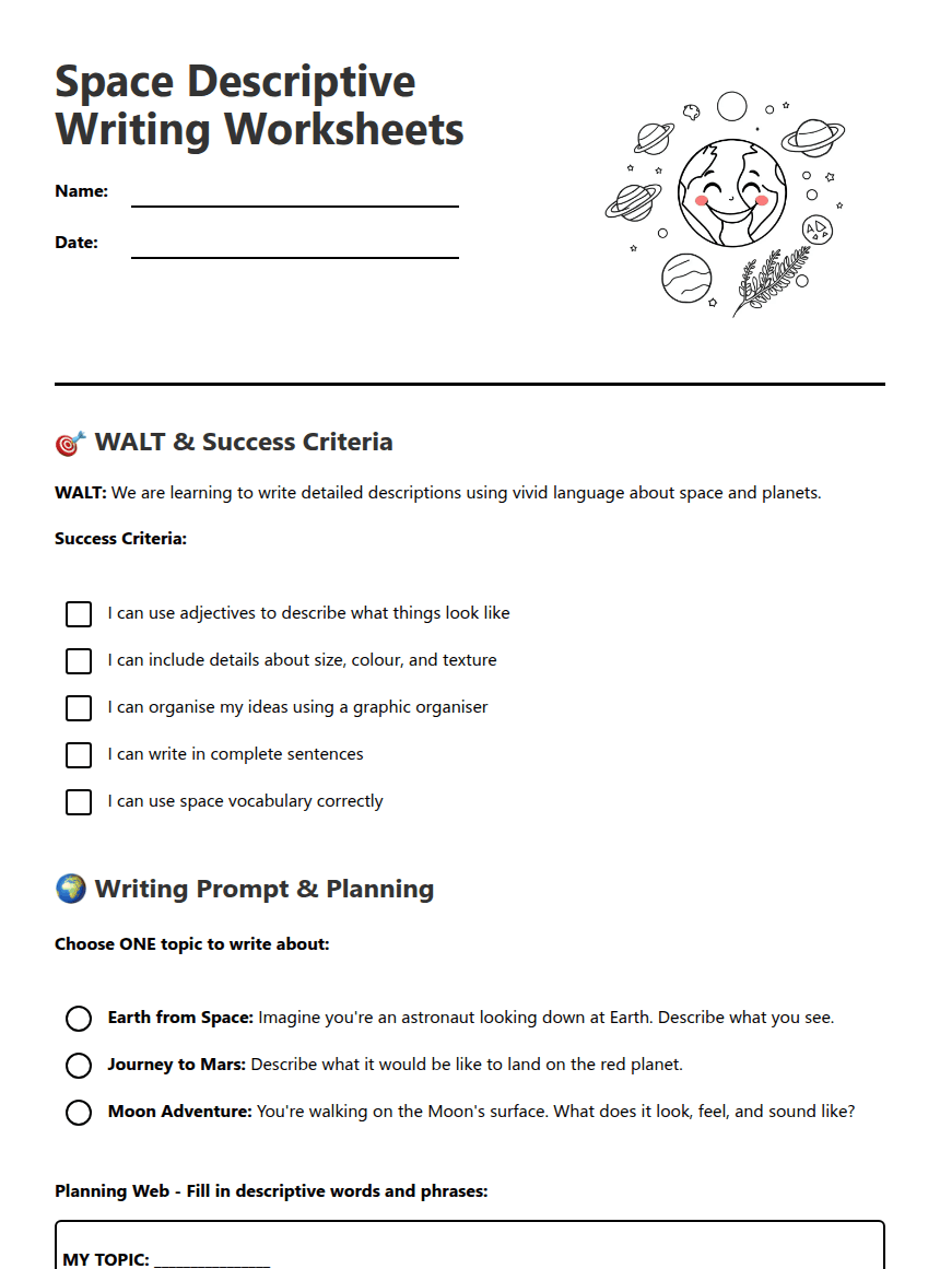 Space Descriptive Writing Worksheets worksheet preview