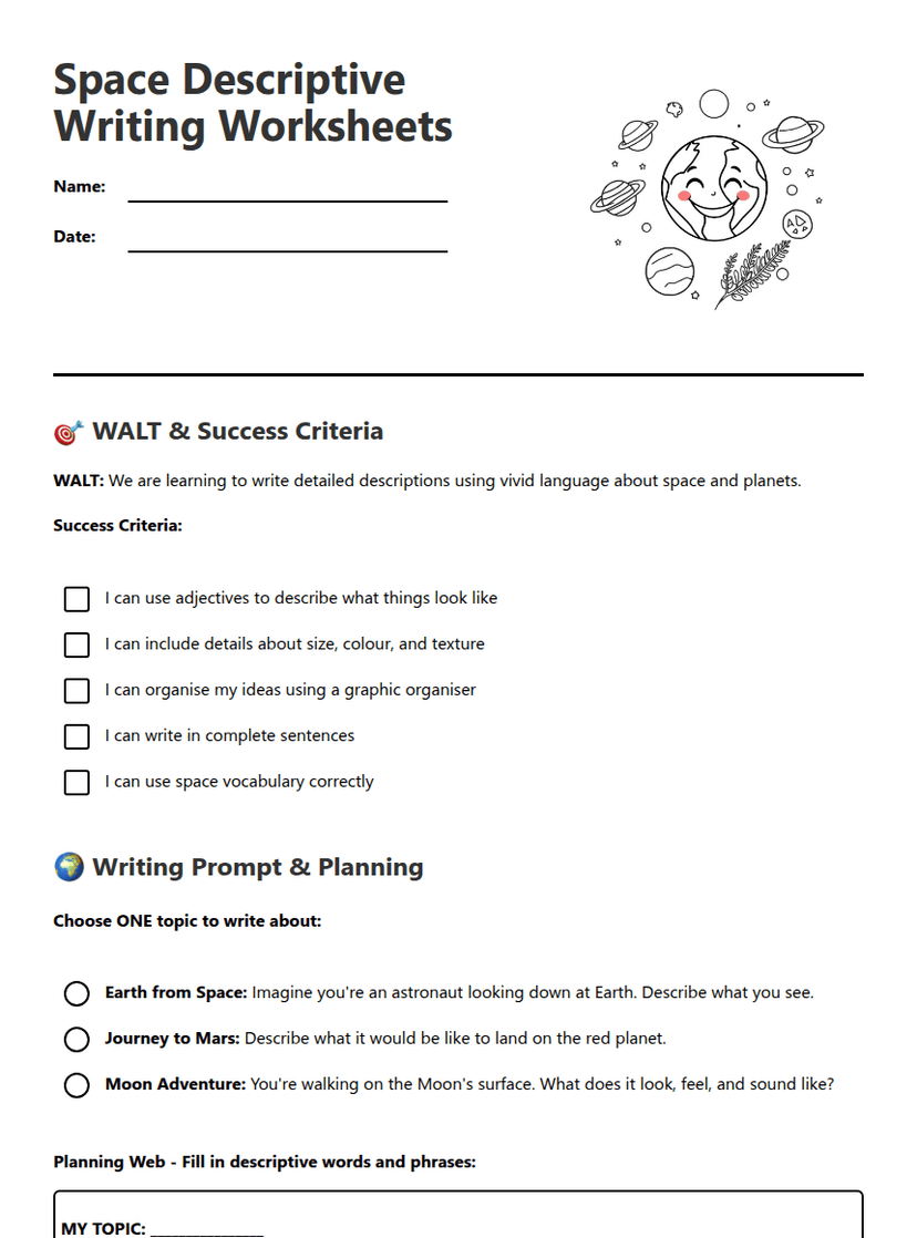 Space Descriptive Writing Worksheets