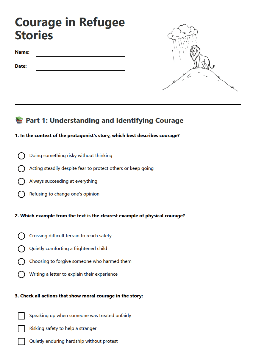Courage in Refugee Stories worksheet preview