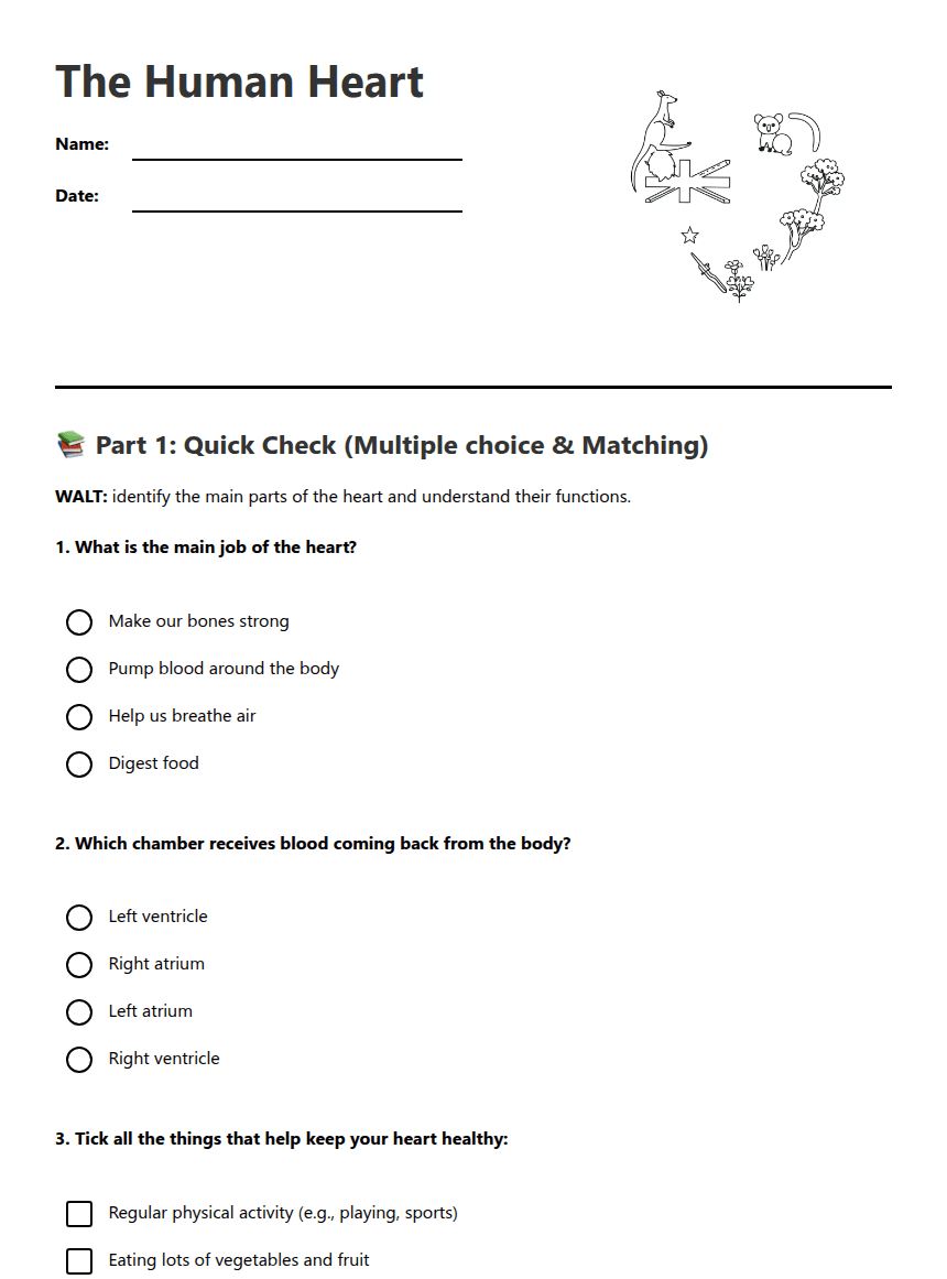 The Human Heart worksheet preview