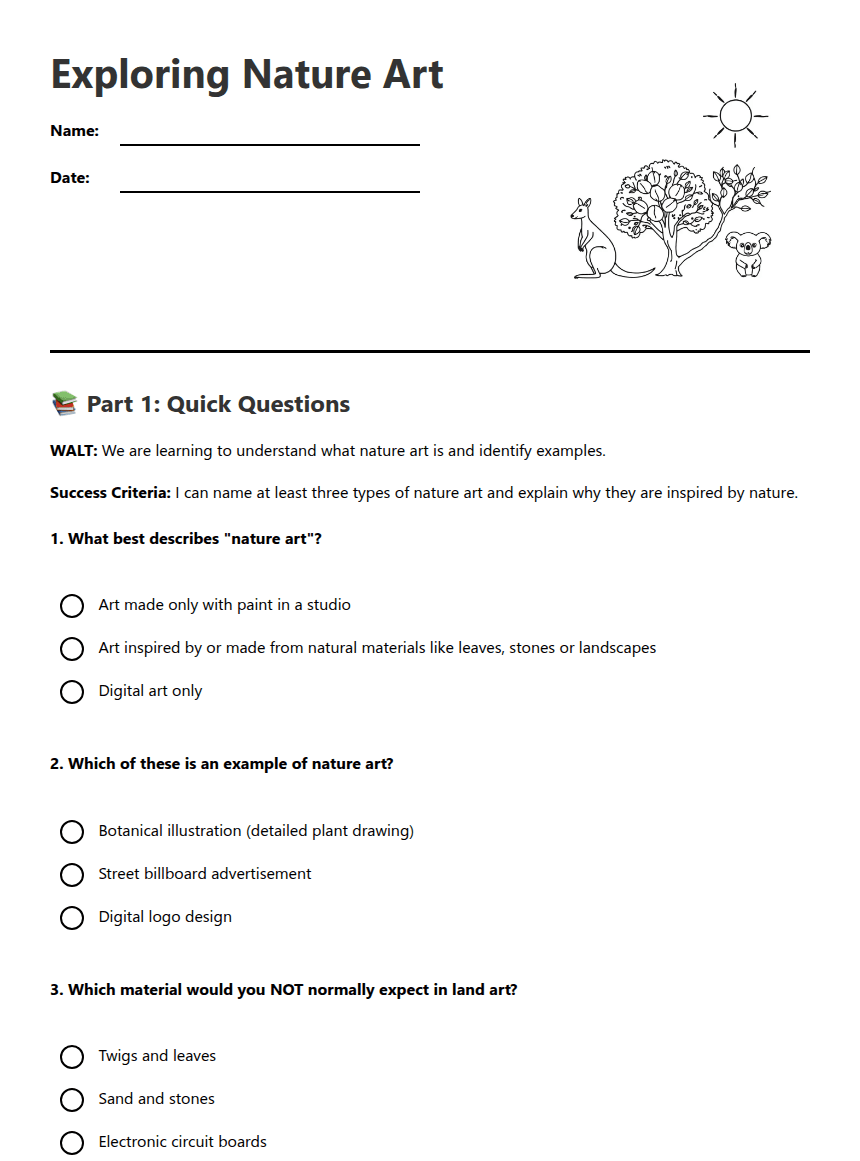 Exploring Nature Art worksheet preview
