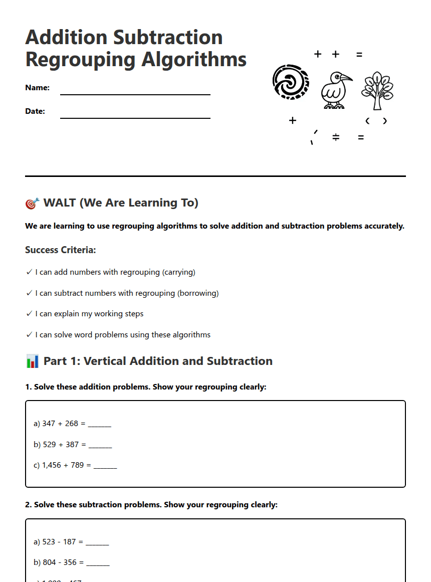 Addition Subtraction Regrouping Algorithms worksheet preview