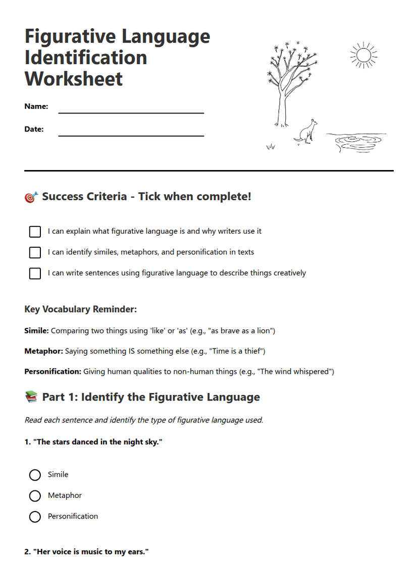 Figurative Language Identification Worksheet