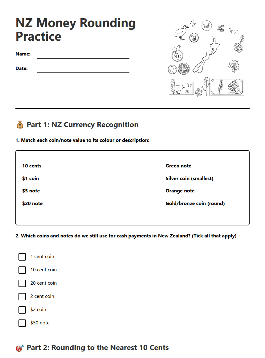 NZ Money Rounding Practice worksheet preview