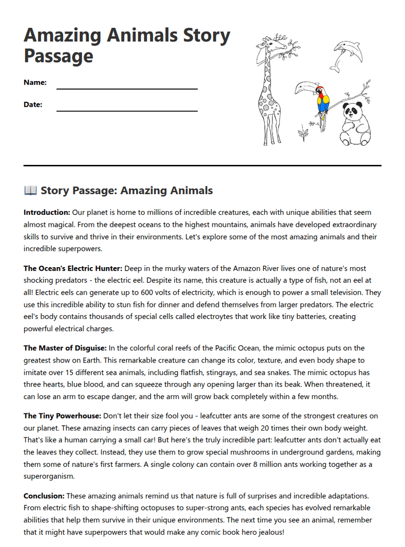 Amazing Animals Story Passage