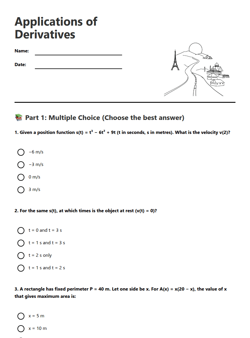 Applications of Derivatives worksheet preview
