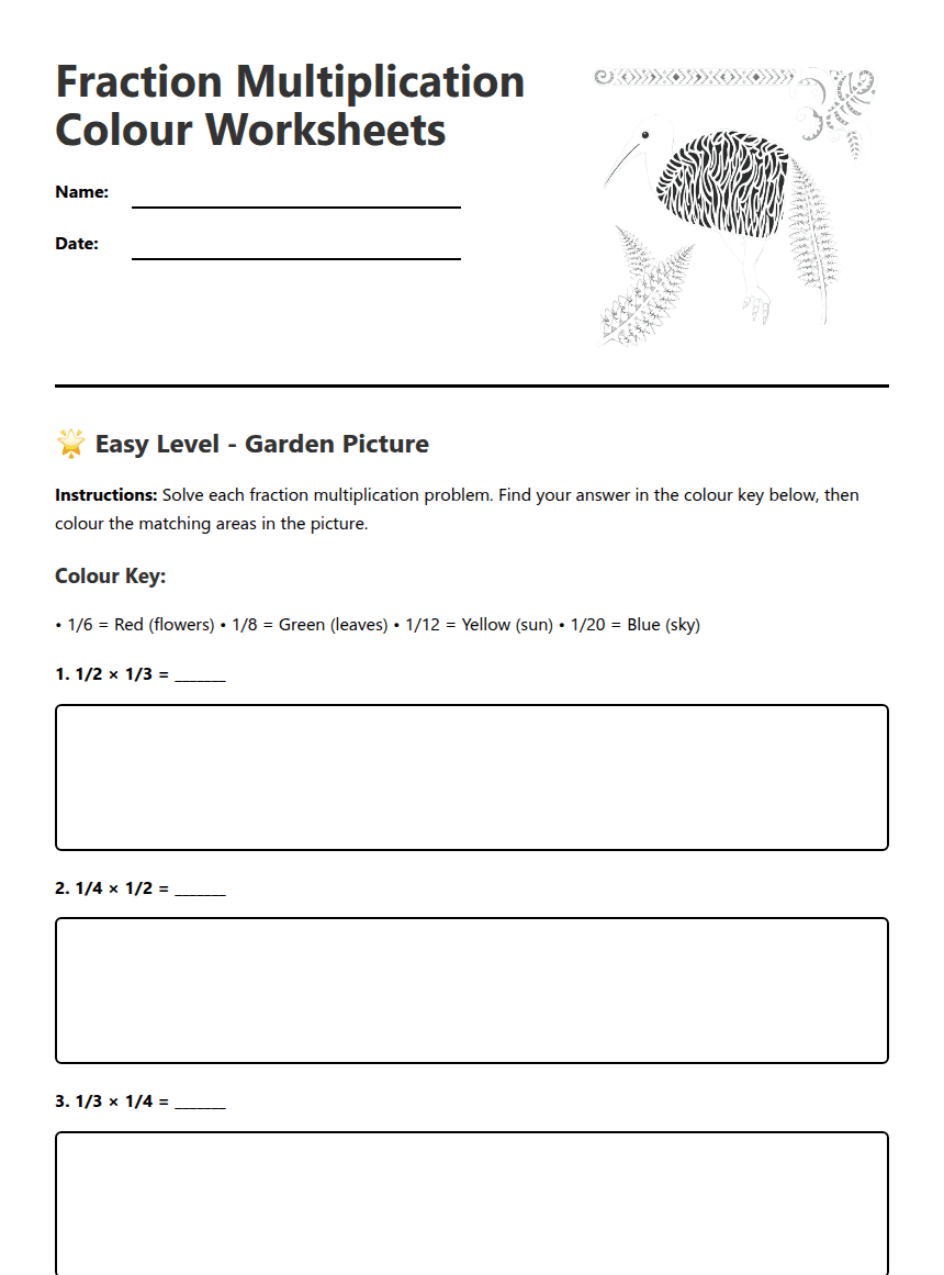 Fraction Multiplication Colour Worksheets worksheet preview
