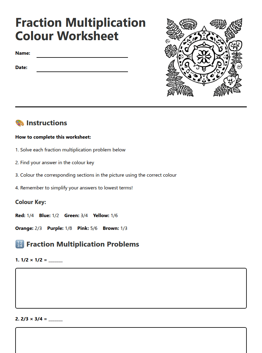 Fraction Multiplication Color Worksheet worksheet preview