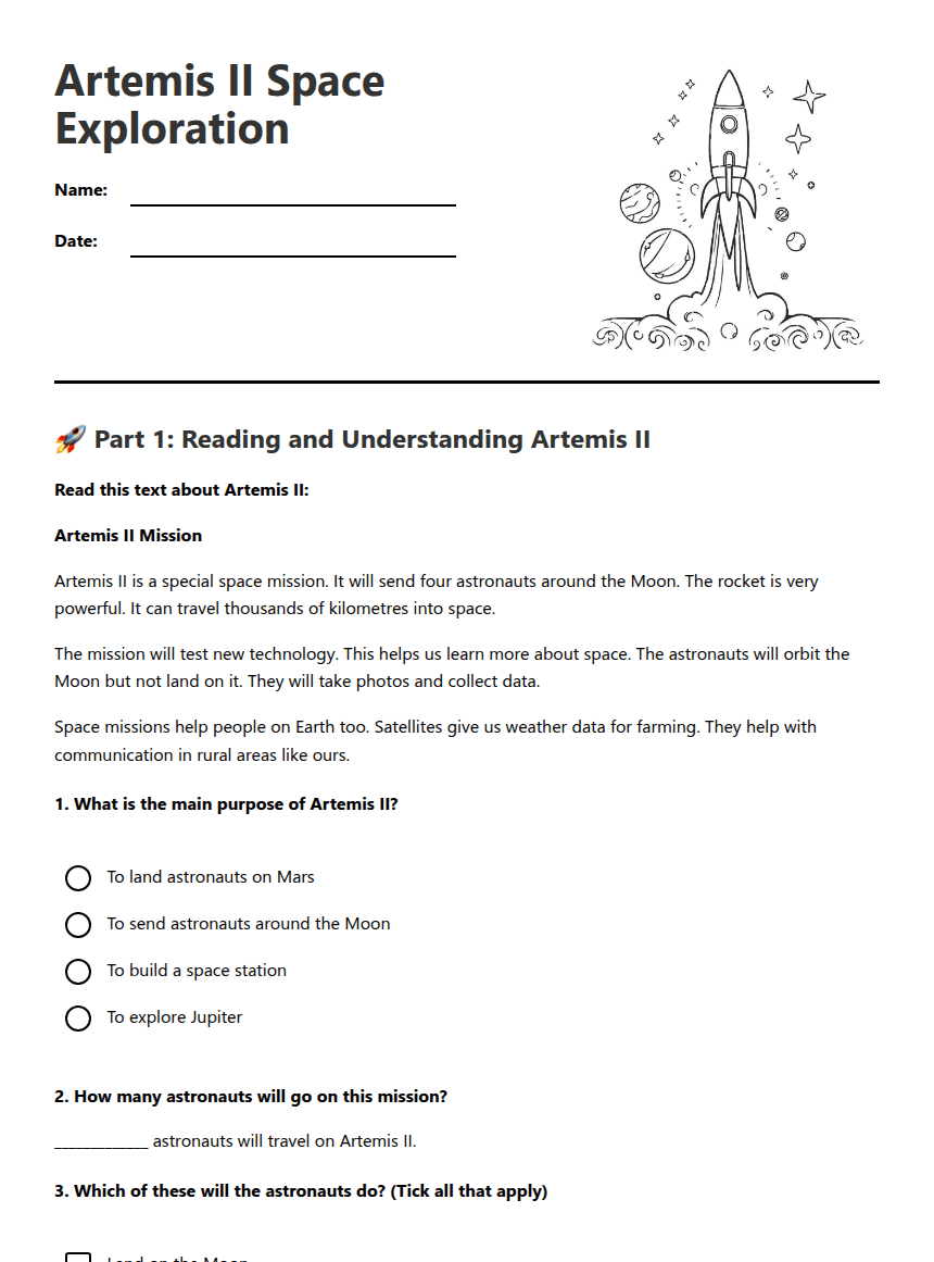 Artemis II Space Exploration worksheet preview