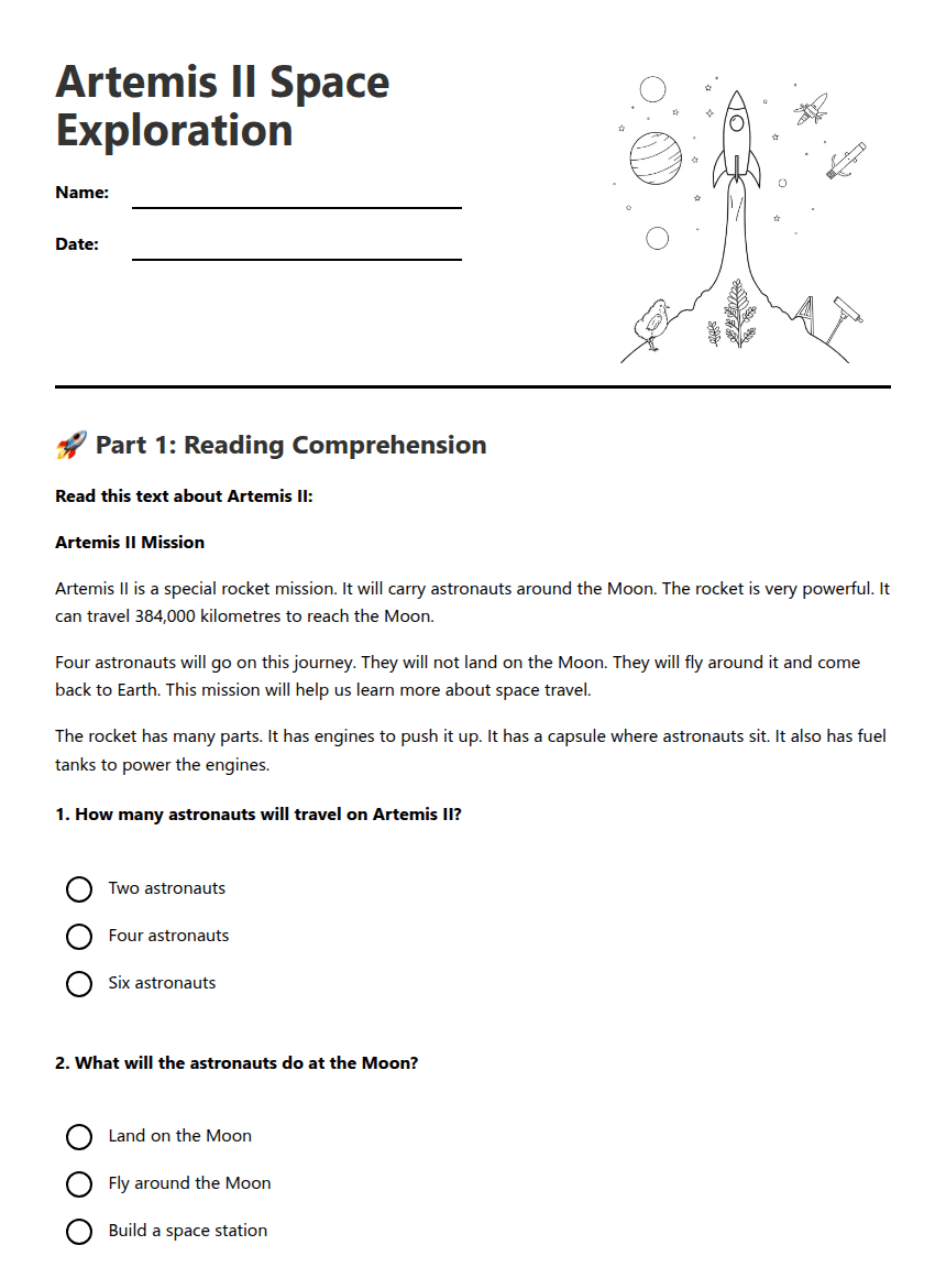 Artemis II Space Exploration worksheet preview