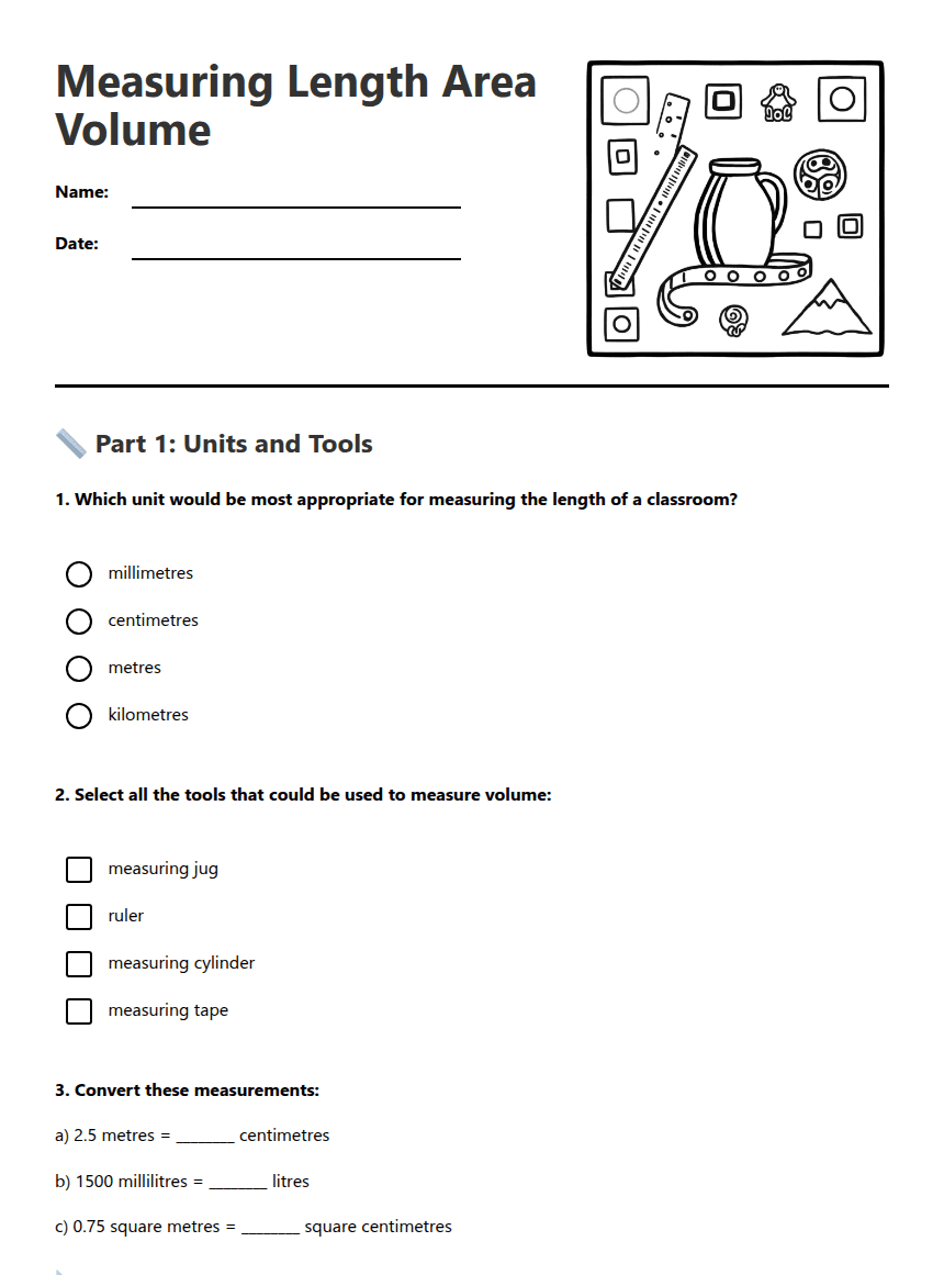 Measuring Length Area Volume worksheet preview